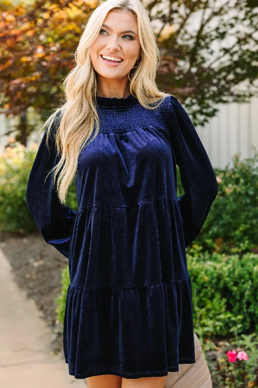 Come On Over Navy Blue Velvet Babydoll Dress