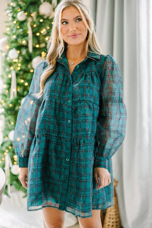 Take The Leap Emerald Green Plaid Dress