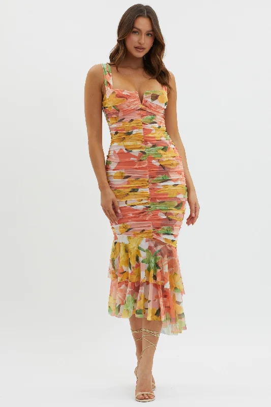 Nadia Ruched Fishtail Midi Dress Floral Orange