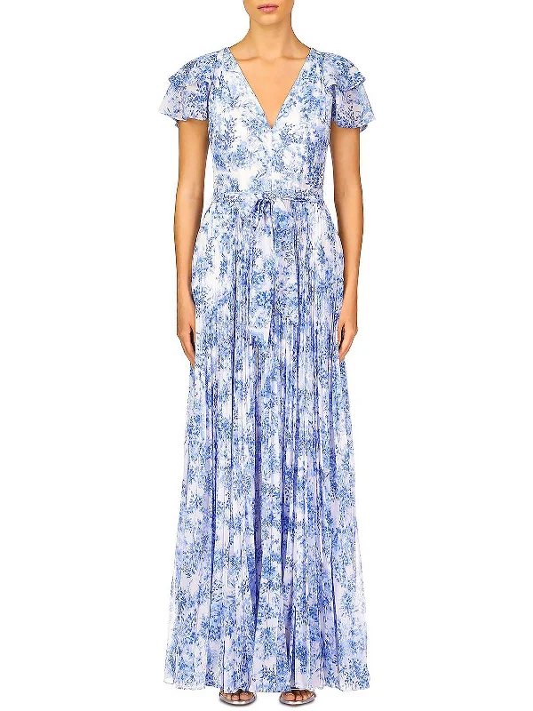 Womens Pleated Floral V-Neck Maxi Dress