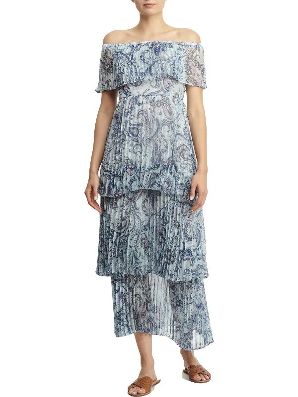 Womens Pleated Printed Midi Dress