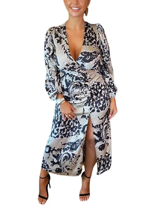 Womens Satin Long Sleeve Maxi Dress