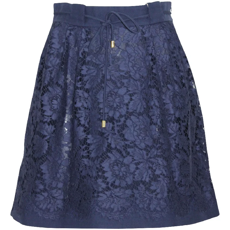 Valentino Garavani Gathered Lace Skirt in Navy Blue Polyamide