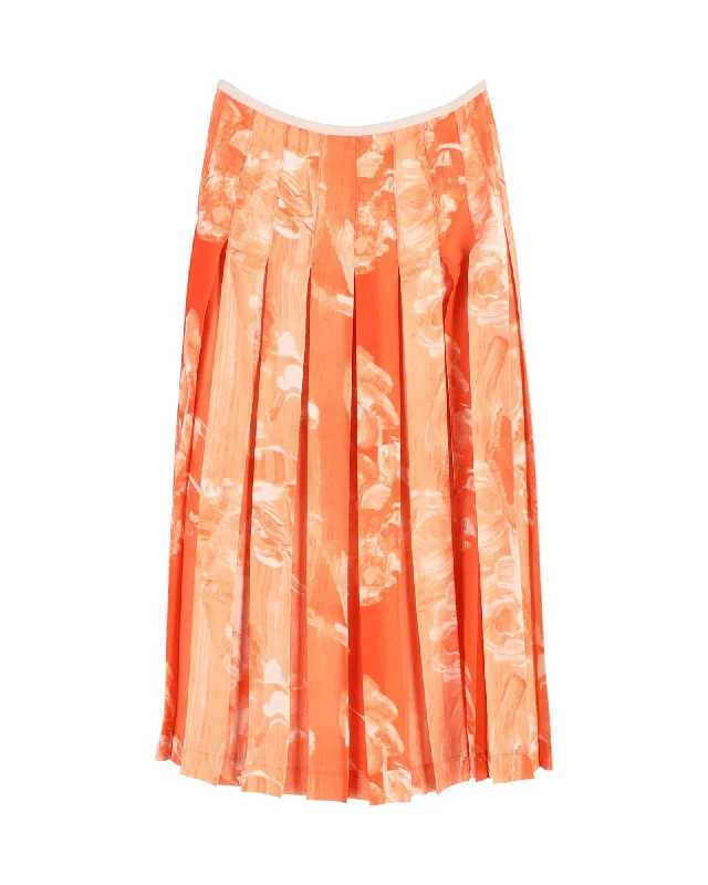 Victoria Beckham Pleated Printed Skirt in Orange Cotton