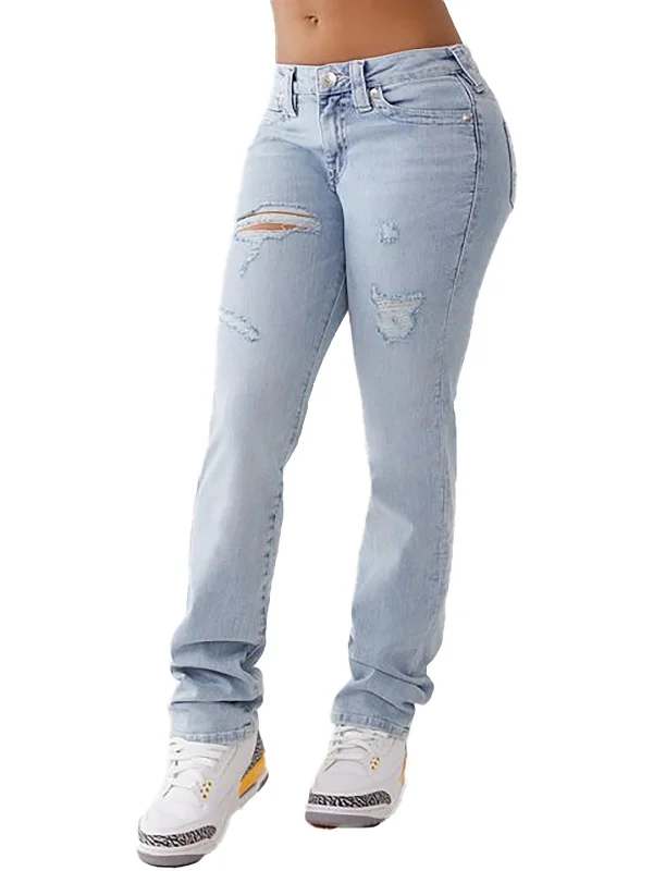 Womens Mid-Rise Destroyed Straight Leg Jeans