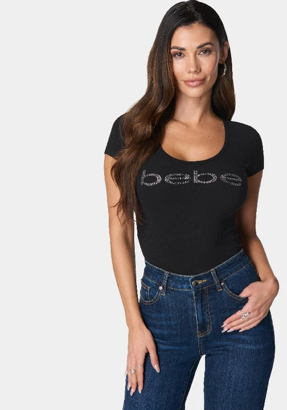 Bebe Logo Short Sleeve Round Neck Rib Top