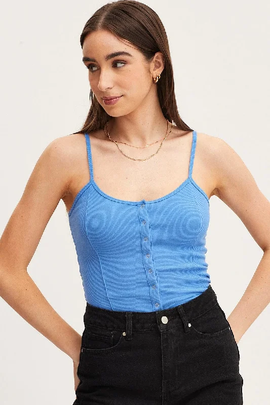 Blue Press Stud Singlet Sleeveless