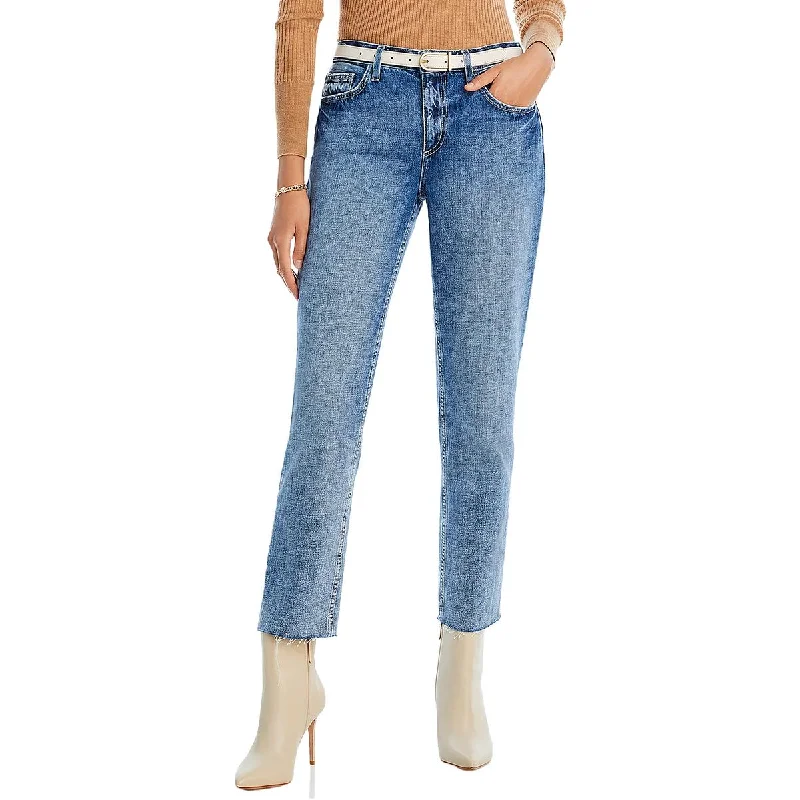 Womens High Rise Raw Hem Straight Leg Jeans